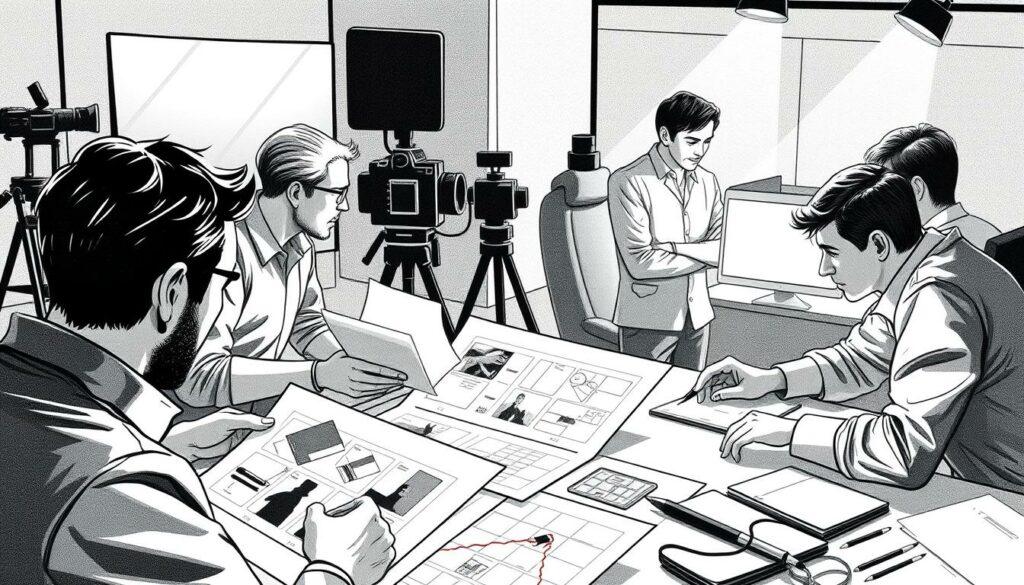A creative film production team hard at work, captured in a striking black and white illustration with pops of color. In the foreground, a director reviews storyboards with their team, gesturing animatedly. In the middle ground, a cinematographer fine-tunes camera settings, while a costume designer selects fabrics. In the background, a producer confers with a writer, their faces illuminated by the glow of a computer screen. Minimal, yet evocative lighting casts dramatic shadows, creating a sense of focus and intensity. The scene conveys the collaborative spirit and creative energy of the filmmaking process. A creative film production team hard at work, captured in a striking black and white illustration with pops of color. In the foreground, a director reviews storyboards with their team, gesturing animatedly. In the middle ground, a cinematographer fine-tunes camera settings, while a costume designer selects fabrics. In the background, a producer confers with a writer, their faces illuminated by the glow of a computer screen. Minimal, yet evocative lighting casts dramatic shadows, creating a sense of focus and intensity. The scene conveys the collaborative spirit and creative energy of the filmmaking process.
