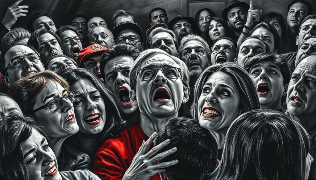 A crowd of diverse people, their faces etched with a range of emotions - some outraged, others amused, as they react to the news of a high-profile arrest. The scene is captured in a striking black and white palette, with pops of color highlighting the intensity of the moment. Shadows and light create a sense of drama, while the angular composition and close-cropping add an air of tension. The overall mood conveys the complex and conflicting reactions surrounding the controversial event.