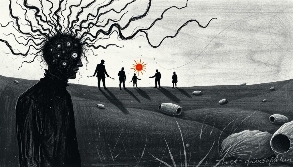 A dark, brooding illustration depicting the symptoms of paranoid schizophrenia. In the foreground, a figure is consumed by disjointed, fragmented thoughts, represented by swirling, jagged lines of black and white. The middle ground features distorted, shadowy figures and shapes, hinting at the delusions and hallucinations often experienced by those with the condition. The background is a muted, monochromatic landscape, punctuated by sparse, colorful bursts of energy, symbolizing the overwhelming sense of fear, anxiety, and disconnection from reality. The overall tone is one of unease, isolation, and the struggle to make sense of a world that has become increasingly unpredictable and hostile.