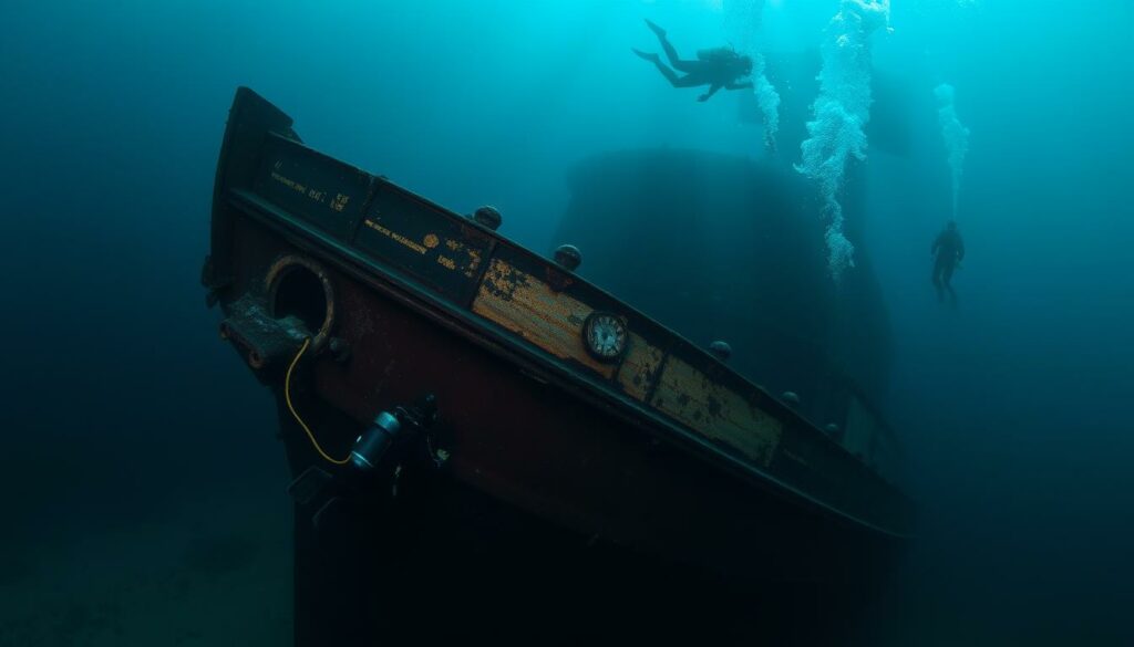 A deep-sea salvage operation unfolds in the murky depths, a sunken wreck casting haunting shadows. Beams of light pierce the gloom, illuminating the intricate contours of the vessel's hull, now coated in a patina of time. Divers, clad in sleek black wetsuits, navigate the treacherous currents, their movements precise and deliberate. The scene is a study in contrasts – the stillness of the underwater world juxtaposed with the intense focus and determination of the recovery team. Shimmering flashes of gold and silver hint at the treasures buried within, a testament to the challenges and rewards of exploring the ocean's hidden depths.