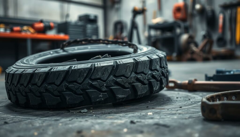 A defective tire lying on a workshop floor, worn and damaged. Detailed close-up view, highlighting the cracks, bulges, and uneven tread. Overhead lighting casts dramatic shadows, emphasizing the tire's imperfections. The background is a sparse, industrial setting, with a muted palette of grays and blacks, punctuated by hints of color in the tools and equipment. The overall mood is one of concern and caution, conveying the serious safety risks associated with this faulty component.
