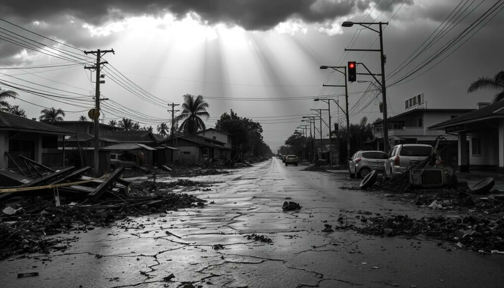 A deserted, storm-ravaged street in the aftermath of a heavy downpour. Strewn debris, cracked pavement, and toppled infrastructure litter the scene. Overflowing drains, fallen power lines, and abandoned vehicles create a sense of disarray. The sky is a moody, charcoal gray, with shafts of light piercing through the gloom, casting dramatic shadows. The color palette is predominantly black and white, with pops of vibrant color - a red traffic light, a green emergency sign, a splash of yellow caution tape. The composition emphasizes the scale of the destruction, capturing the far-reaching impact of the extreme weather event. The overall mood is one of desolation and recovery, inviting the viewer to contemplate the resilience required to overcome such infrastructure challenges.