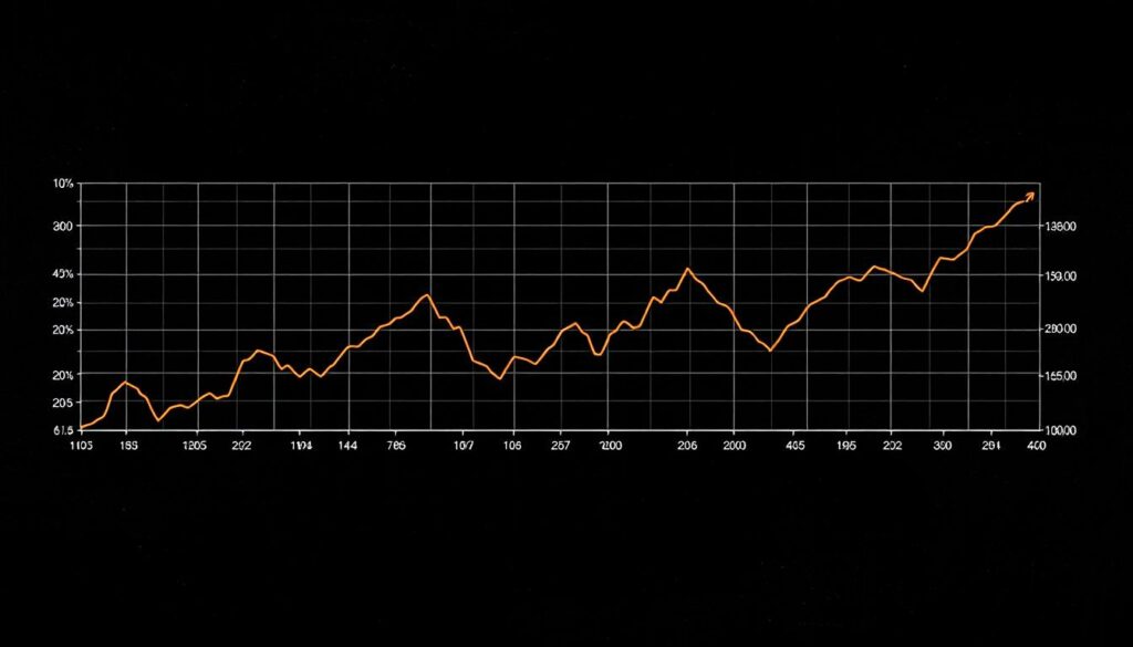 A detailed and dynamic line graph depicting the historical performance of Tesla's stock price over time, presented against the backdrop of a subtly textured, monochromatic stock exchange floor. The graph's lines and axes are rendered in a bold, high-contrast style, with strategic pops of color highlighting key data points or milestones. The overall composition conveys a sense of precision, movement, and the ebb and flow of the financial markets, complementing the article's focus on Elon Musk's remarkable wealth accumulation.