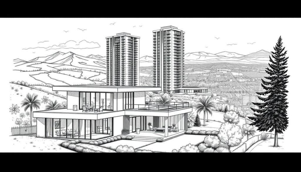 A detailed architectural rendering of Oliver Pocher's luxury real estate investments, depicted in a stylized black and white sketch with pops of color. The foreground showcases a sleek modern villa with clean lines and large windows, surrounded by lush landscaping. In the middle ground, a high-rise apartment building and a chic office complex stand tall, reflecting Pocher's diverse property portfolio. The background features rolling hills and a vibrant cityscape, hinting at the urban and suburban mix of Pocher's investments. The overall atmosphere conveys a sense of affluence, refinement, and strategic real estate acumen.