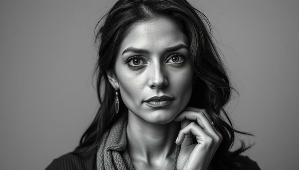 A detailed, black-and-white portrait of Melika Foroutan, with subtle pops of color highlighting her expressive features and the key moments of her diverse career. Set against a neutral backdrop, the image showcases her versatility as an actress, effortlessly transitioning between dramatic and comedic roles, from acclaimed films to popular television series. The composition features a thoughtful, introspective gaze, conveying the depth and nuance that have defined Foroutan's impressive body of work. Carefully crafted lighting and a cinematic lens emphasize the subject's poise and command of the frame, providing a visually striking representation of her accomplished career.