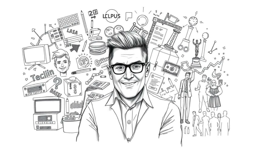 A detailed black and white sketch depicting Oliver Pocher's diverse income sources and career milestones, with selective color accents to highlight key elements. The foreground showcases Pocher's various entertainment and media ventures, such as TV shows, comedy tours, and social media influencing, rendered in fine pencil strokes. The middle ground features symbols of his business acumen, including financial documents, investment portfolios, and entrepreneurial endeavors, all in a monochrome palette. The background subtly incorporates visual cues alluding to Pocher's rise to fame and wealth, such as award statuettes, red carpet events, and the silhouettes of adoring fans, complemented by strategically placed pops of color to draw the viewer's eye.