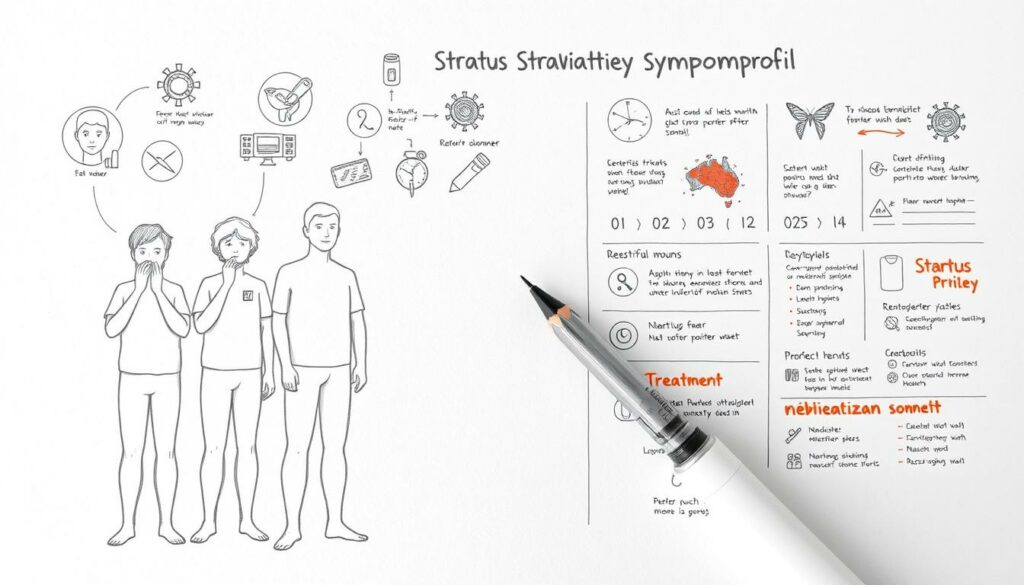 A detailed, black-and-white sketch depicting the Stratus Variante Symptomprofil. In the foreground, a series of simplified human figures exhibit a range of symptoms, such as fever, cough, and fatigue, rendered in precise pencil lines. The middle ground features stylized medical icons and infographic elements, hinting at the diagnostic process and treatment recommendations. In the background, a subtle gradient of shaded tones evokes a clinical, analytical atmosphere, punctuated by strategically placed color accents to highlight key information. The overall composition conveys a sense of scientific objectivity and medical authority, suitable for illustrating the section on the Stratus Variante's symptom profile.
