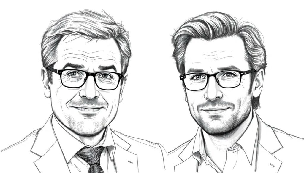 A detailed, black-and-white sketch of Joko Klaas, a well-known German television host, presented in a side-by-side comparison with another prominent German TV personality. The sketch should feature precise linework, subtle shading, and occasional pops of color to highlight specific details. The composition should be balanced, with the two figures occupying equal space and positioned to emphasize their similarities and differences. The overall mood should be one of thoughtful comparison, inviting the viewer to consider the relative standing and influence of these two media figures. A detailed, black-and-white sketch of Joko Klaas, a well-known German television host, presented in a side-by-side comparison with another prominent German TV personality. The sketch should feature precise linework, subtle shading, and occasional pops of color to highlight specific details. The composition should be balanced, with the two figures occupying equal space and positioned to emphasize their similarities and differences. The overall mood should be one of thoughtful comparison, inviting the viewer to consider the relative standing and influence of these two media figures.