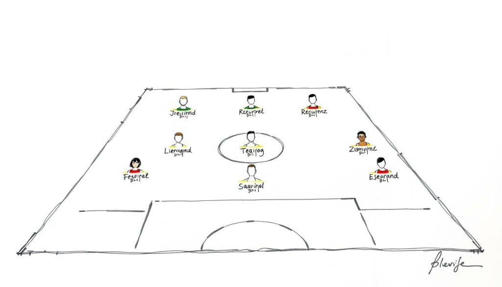 A detailed black and white sketch of a soccer team's lineup and injury report, with selective use of color to highlight key elements. The formation is prominently displayed in the foreground, with players' positions and names represented by precise linework. In the middle ground, injury icons or silhouettes denote injured players, their severity indicated by gradients of color. The background features a subtle grid or diagram to convey the technical nature of the subject matter. The overall mood is focused and analytical, reflecting the strategic considerations of team management.