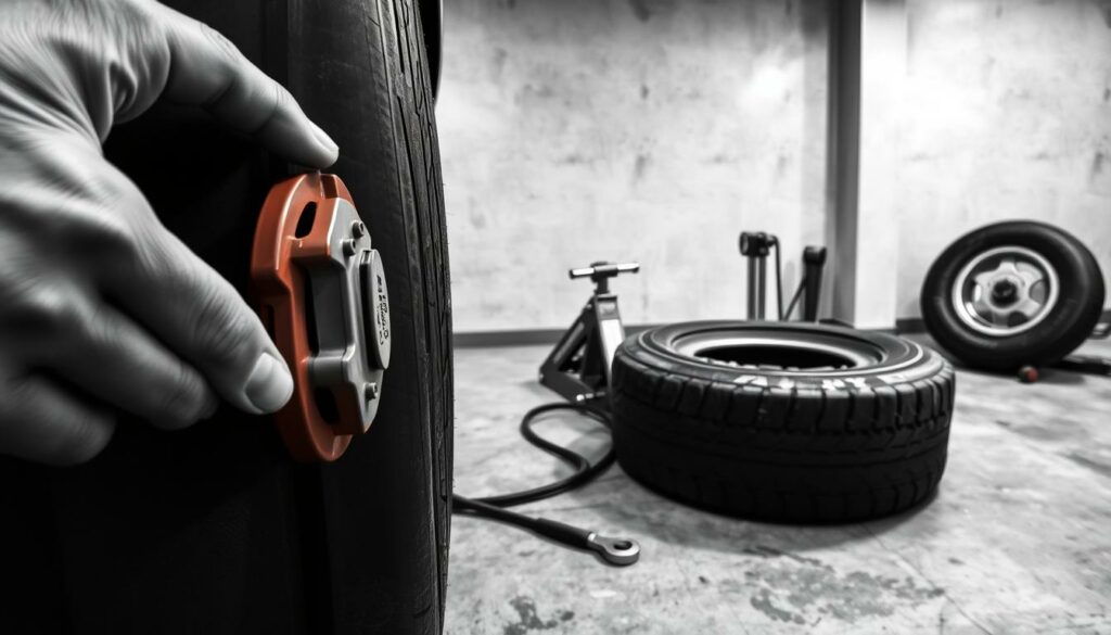 A detailed close-up view of a tire change process. In the foreground, a pair of strong hands grasps the edge of a tire, preparing to remove it from the wheel hub. The middle ground depicts a mechanic's tools neatly arranged, including a lug wrench, jack, and a new tire ready for installation. The background shows a simple, minimalist workshop setting with a concrete floor and neutral walls, creating a focused, technical atmosphere. The image is rendered in a muted black-and-white palette with subtle pops of color, such as the red brake caliper or the yellow warning label on the new tire, drawing the viewer's attention to the essential components of the process.