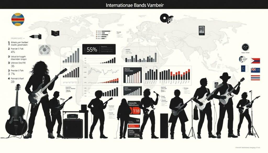 A detailed comparison of the financial status and global popularity of prominent international music bands, presented in a chiaroscuro-styled illustration. The foreground showcases the silhouettes of iconic band members, their distinct musical instruments, and symbolic logos, all rendered in a minimalist, high-contrast black and white palette. The middle ground depicts charts, graphs, and data visualizations that highlight the relative wealth, record sales, and streaming numbers of the bands, with strategically placed pops of color to accentuate key insights. The background features a globalized backdrop, with world maps, flags, and geographical elements that convey the international reach and influence of these musical acts. The overall aesthetic is sleek, analytical, and visually compelling, capturing the essence of the "Internationale Bands Vergleich" concept.
