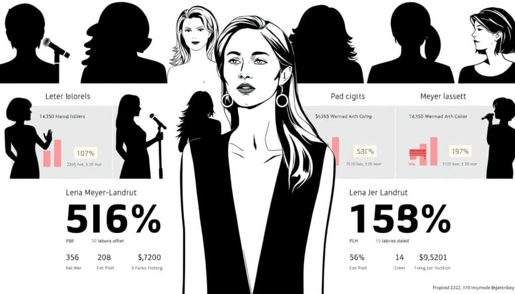 A detailed comparison of the net worth of prominent German female singers, presented in a sleek and minimalist black-and-white illustration with strategic pops of color. The foreground showcases the central subject, Lena Meyer-Landrut, in a stylized, graphical representation, surrounded by silhouettes of her peers. The middle ground features a visual breakdown of their respective assets, conveyed through simple yet impactful infographic elements. The background maintains a clean, understated aesthetic, allowing the focus to remain on the comparative financial data. The overall mood is one of sophistication and analytical precision, befitting the informative nature of the content.