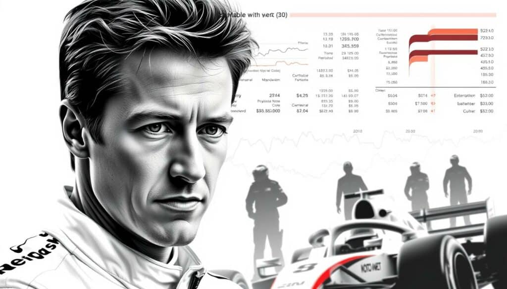 A detailed financial comparison between Mick Schumacher's earnings and those of other top Formula 1 drivers, rendered in a minimalist black and white palette with selective color accents. Mick's headshot in the foreground, detailed financial graphs and charts in the middle ground, and silhouettes of competing drivers in the background. Soft lighting, clean lines, and a sense of analytical precision to convey the subject's financial standing within the sport.