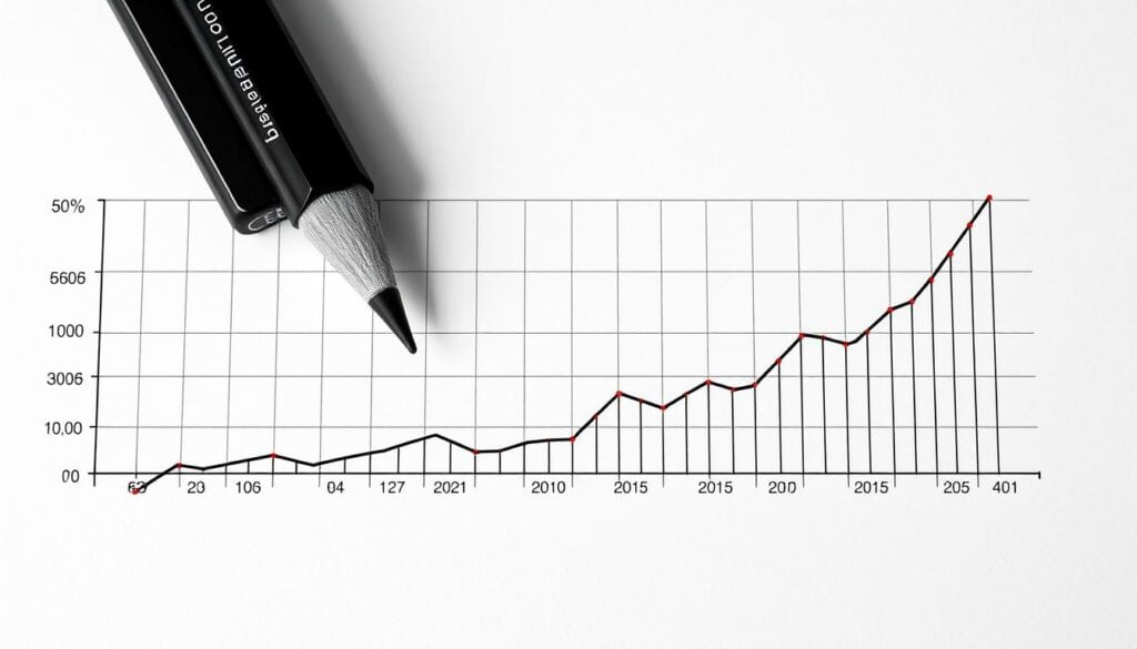 A detailed financial graph depicting Udo Lindenberg's wealth development from the present day to the year 2025, rendered in a minimalist black and white palette with strategic pops of color. The background features a clean, gridded layout reminiscent of an accounting spreadsheet, while the foreground showcases a line graph tracing Lindenberg's net worth over time, with key data points highlighted in vibrant hues. The composition is balanced and professional, with a focus on clear data visualization to convey the nuances of the celebrity's financial trajectory.