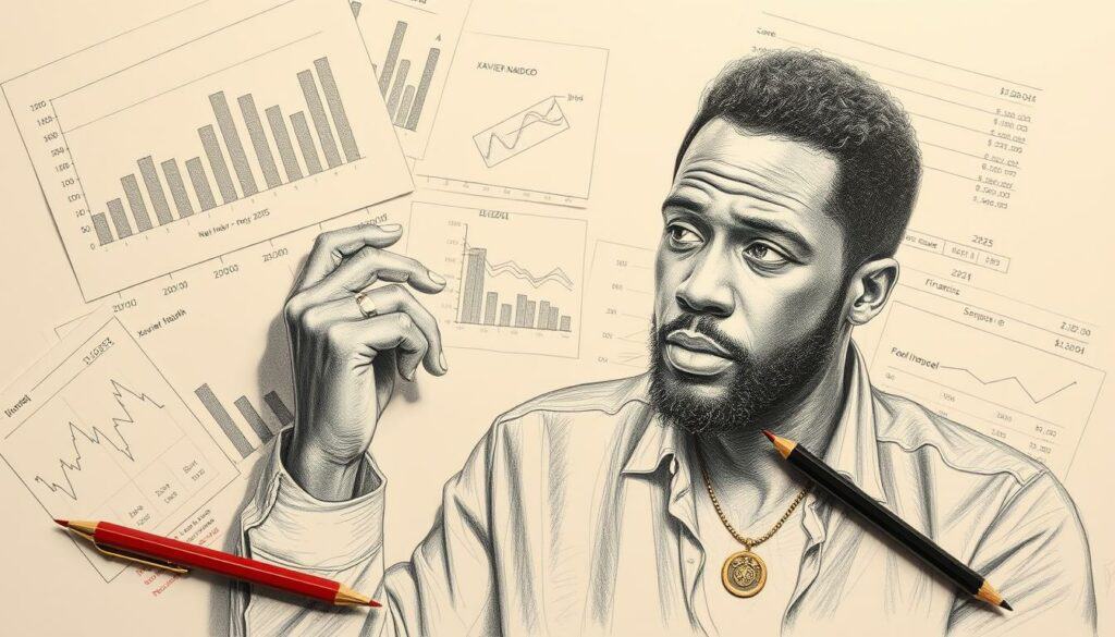 A detailed financial portrait of Xavier Naidoo, with a focus on his net worth projected for 2025. A thoughtfully composed scene depicting the renowned musician in a contemplative pose, surrounded by charts, graphs, and financial documents. The image conveys a sense of precision and diligence, with carefully rendered shades of graphite punctuated by strategic pops of color, such as a crimson pen or a golden pendant. The lighting is soft and directional, emphasizing the subject's pensive expression and the gravity of the financial information at hand. The composition strikes a balance between the personal and the professional, reflecting Naidoo's multifaceted identity and the complex interplay between his artistic pursuits and his financial well-being.