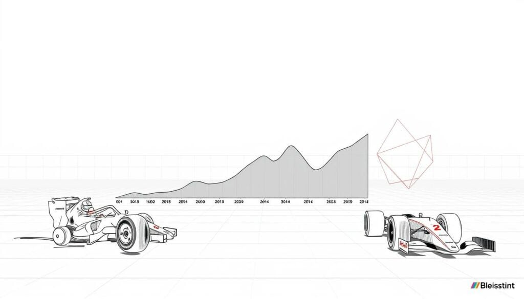 A detailed forecast of Mick Schumacher's wealth development until 2030, visualized in a minimalist black and white illustration with subtle pops of color. The foreground depicts Schumacher's progression from a young driver to an established Formula 1 star, his trajectory shown through a series of dynamic line sketches. The middle ground features a centralized graph charting his projected net worth, rendered in grayscale with strategic color highlights. The background subtly suggests the passage of time, with a clean, architectural grid fading into the distance, punctuated by geometric shapes that allude to the high-tech world of motorsports.