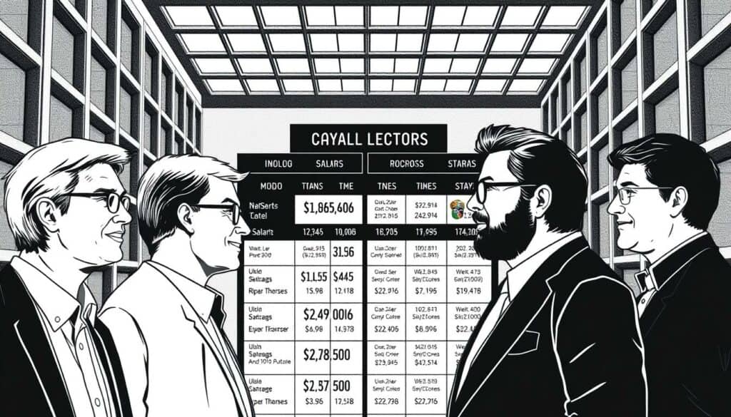 A detailed, high-contrast black and white illustration depicting a side-by-side comparison of the salaries of popular comedy stars. The foreground showcases the figures of the stars, rendered in a stylized, minimalist manner with selective bursts of color to highlight key details. The middle ground presents a grid-like layout highlighting numerical data and statistics, creating a sense of analytical comparison. The background features a gridded, architectural framework in a muted palette, providing a structural context for the comparison. The overall mood is informative and data-driven, with a hint of whimsical charm to match the comedic subject matter.