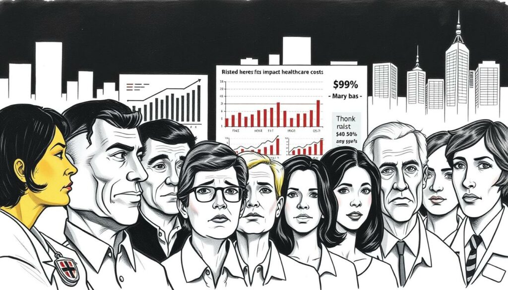 A detailed illustration depicting the impact of rising healthcare costs on different income groups and employers. A stark black and white composition with strategic pops of color, capturing the gravity of the situation. In the foreground, a diverse group of individuals representing various socioeconomic backgrounds, their expressions reflecting the weight of the financial burden. In the middle ground, a series of charts and graphs visualizing the disparities across income brackets. In the background, the silhouettes of corporate buildings, hinting at the challenges faced by employers. The overall atmosphere conveys a sense of concern and the need for balanced solutions.