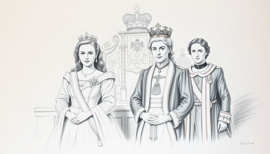 A detailed pencil sketch of the Kent Linie Königsfamilie, rendered in a muted black and white palette with subtle pops of color. The foreground features the central figures, captured in a formal, stately pose, their regal bearing and ornate attire commanding attention. The middle ground showcases the family's regalia and heraldic symbols, while the background subtly hints at the grandeur of their royal lineage and ancestral legacy. The lighting is soft and directional, creating a sense of depth and dimensionality. The overall atmosphere is one of reverence and understated elegance, befitting the subject's noble heritage.