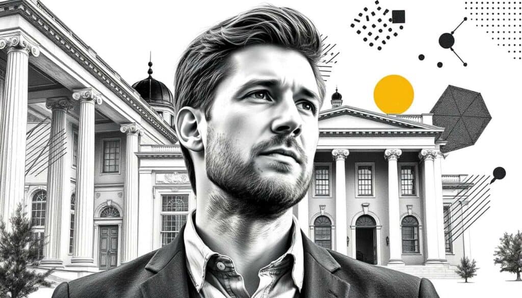 A detailed portrait of Mark Forster, a German singer-songwriter, against a backdrop of stylized academic elements. In the foreground, Forster is depicted in a contemplative pose, his gaze focused and resolute. The middle ground features architectural elements suggestive of a university setting, such as columns, arched windows, and a stately facade. In the background, abstract shapes and patterns evoke the world of business and economics, hinting at Forster's academic and entrepreneurial pursuits. The overall aesthetic is a harmonious blend of black and white tones, punctuated by selective bursts of color to draw the viewer's attention to key details. The result is a visually striking and conceptually rich image that captures the essence of Mark Forster's multifaceted career and education.