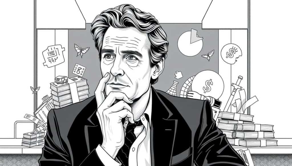 A detailed portrait of the German television personality Thomas Gottschalk, showcasing his wealth distribution in a stylized black and white illustration with selective color accents. The central figure of Gottschalk is depicted in a seated, pensive pose, surrounded by various visual elements representing his financial assets, including stacks of money, luxury items, and investment symbols. The background features a minimalist, architectural setting, adding a sense of sophistication and elegance. The overall composition conveys a sense of thoughtfulness and contemplation around Gottschalk's net worth, reflecting the intended use of the image in the article's section on his projected wealth in 2025.