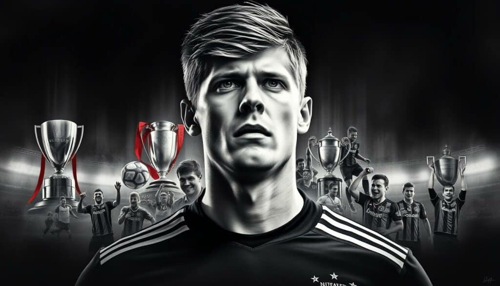 A detailed portrait of the professional footballer Toni Kroos, set against a moody and atmospheric background. Kroos is depicted in the foreground, his intense gaze and determined expression capturing his drive and competitive spirit. The middle ground showcases a collage of his career highlights - trophies, action shots, and team celebrations, all rendered in a striking black and white palette with selective pops of color to draw the eye. The background features a subtle gradient, hinting at the grand scale and prestige of Kroos' achievements over the years. The lighting is dramatic, casting dramatic shadows and highlights to emphasize the subject's confidence and poise. The overall aesthetic is one of elegance, power, and a sense of hard-earned success. A detailed portrait of the professional footballer Toni Kroos, set against a moody and atmospheric background. Kroos is depicted in the foreground, his intense gaze and determined expression capturing his drive and competitive spirit. The middle ground showcases a collage of his career highlights - trophies, action shots, and team celebrations, all rendered in a striking black and white palette with selective pops of color to draw the eye. The background features a subtle gradient, hinting at the grand scale and prestige of Kroos' achievements over the years. The lighting is dramatic, casting dramatic shadows and highlights to emphasize the subject's confidence and poise. The overall aesthetic is one of elegance, power, and a sense of hard-earned success.