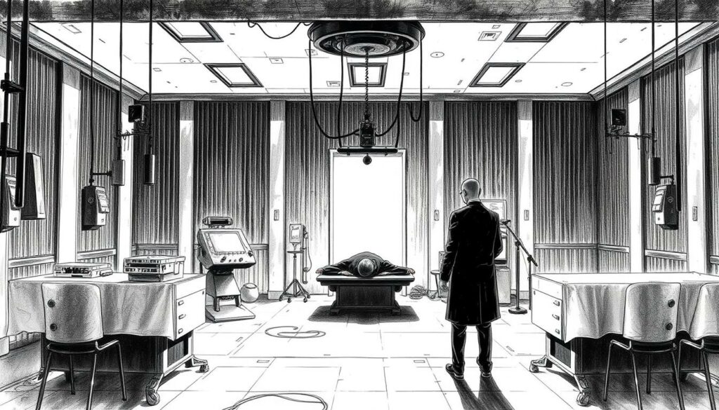A detailed, protocol-style illustration of a solemn execution procedure. Depict the execution chamber in stark, minimalist tones - black and white with muted color accents. Render the scene with clinical precision, emphasizing the mechanical and impersonal nature of the process. Capture the ominous atmosphere through dramatic lighting and angles, creating a sense of gravity and finality. Meticulously render the technical equipment and staging, conveying the bureaucratic efficiency of the execution. Avoid overt violence or gore, focusing instead on the procedural documentation of the event.