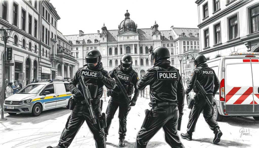 A detailed scene of a police operation in a city center, captured in a dramatic black and white sketch with subtle pops of color. The foreground features officers in uniform taking action, their movements conveying a sense of urgency. The middle ground reveals a cordoned-off area, with onlookers and emergency vehicles nearby. In the background, the distinctive architecture of the city center sets the stage, hinting at the larger context of the event. The lighting is dramatic, casting sharp shadows and highlighting the intensity of the situation. The overall tone is one of heightened activity and tension, reflecting the nature of the "Umfangreicher Polizeieinsatz in Mannheim".