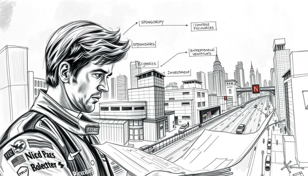 A detailed sketch of Nico Rosberg's diverse income streams and investments, rendered in moody black-and-white with strategic pops of color. In the foreground, Rosberg's portrait, his expression contemplative as he reviews financial documents. The middle ground features a visual breakdown of his revenue sources - sponsorships, race winnings, entrepreneurial ventures, and investments. In the background, a cityscape of gleaming skyscrapers and bustling streets, symbolizing the global reach of Rosberg's wealth-building pursuits. The overall tone is one of refined sophistication, befitting Rosberg's transition from Formula 1 champion to successful businessman.