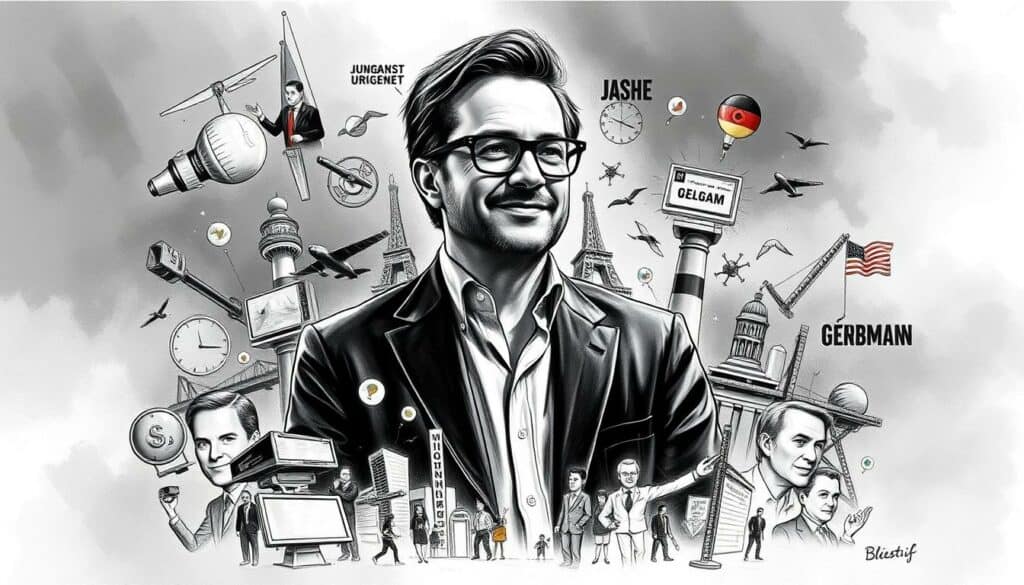 A detailed sketch of the diverse income streams and career milestones that have fueled the success of prominent German comedian and presenter Jan Böhmermann. Rendered in a moody black and white palette with selective pops of color, the image captures the various professional pillars that have elevated Böhmermann's public profile - from TV hosting and production to journalism, publishing, and political satire. The composition features a dynamic interplay of shapes, textures, and symbolic visual elements that convey the multifaceted nature of Böhmermann's multimedia career and wealth-generating activities. Dramatic lighting accentuates the central figure, while a hazy, atmospheric background suggests the broader landscape of Böhmermann's professional endeavors.