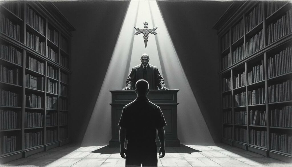 A dimly lit courtroom interior, the air heavy with tension. In the foreground, the silhouette of a defendant stands, their fate hanging in the balance. Looming behind, the imposing figure of a judge, robed in black, casts a stern gaze. Bookshelves line the walls, casting long shadows that stretch across the floor. Shafts of light pierce the gloom, illuminating the scene with a sense of foreboding. The overall mood is one of gravity and solemnity, reflecting the gravity of the charges and the potential consequences. Rendered in a muted palette of blacks, whites, and subtle splashes of color, the image conveys the weight of the situation faced by the defendant.