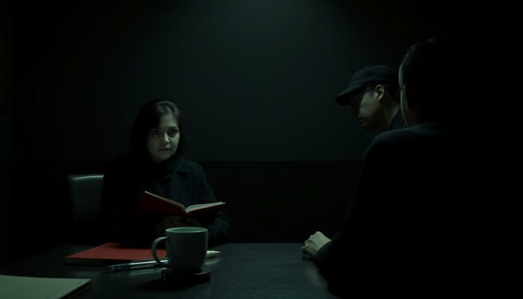 A dimly lit interrogation room in Frankfurt, the air thick with tension. Two detectives, Maryam Azadi and Hamza Kulina, sit across from a suspect, their expressions hardened by years of dealing with the city's cold cases. The scene is rendered in a stark black and white palette, with only the occasional pop of color - a crimson folder, a teal coffee mug, the glint of a silver pen. The lighting is moody, casting deep shadows that accentuate the detectives' determined features. The camera angle is slightly elevated, heightening the sense of authority and control. The overall atmosphere is one of gritty determination, as the two investigators delve into the mysteries of the past, driven to uncover the truth no matter the cost.