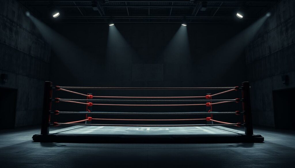 A dimly lit, professional-grade fighting ring stands in the center, the ropes taut and the canvas scuffed from countless matches. Spotlights cast dramatic shadows, illuminating the ring's stark, monochromatic aesthetic. Hints of vibrant color, like the corner cushions or fighter's gloves, provide strategic pops of visual interest. The arena's concrete walls loom in the background, their industrial textures and sparse lighting evoking an intense, electrifying atmosphere. This is the stage where Christo, the skilled combatant, will showcase his prowess at the "Fame Fighting" event, captivating the audience with his every move.