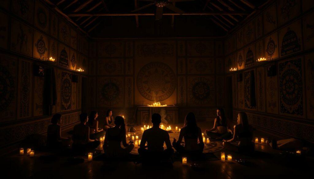 A dimly lit ritual chamber, the walls adorned with intricate Amazonian motifs in muted tones. Mystical symbols and talismans cast faint shadows, creating an atmosphere of reverence and mystery. In the center, a group of participants sit cross-legged, their eyes closed in deep meditation, surrounded by the flickering glow of candles and the haze of incense. The lighting is soft, creating a chiaroscuro effect that highlights the solemnity of the proceedings. The overall impression is one of a sacred, otherworldly experience, a glimpse into the ancient traditions of Ayahuasca shamanism. A dimly lit ritual chamber, the walls adorned with intricate Amazonian motifs in muted tones. Mystical symbols and talismans cast faint shadows, creating an atmosphere of reverence and mystery. In the center, a group of participants sit cross-legged, their eyes closed in deep meditation, surrounded by the flickering glow of candles and the haze of incense. The lighting is soft, creating a chiaroscuro effect that highlights the solemnity of the proceedings. The overall impression is one of a sacred, otherworldly experience, a glimpse into the ancient traditions of Ayahuasca shamanism.