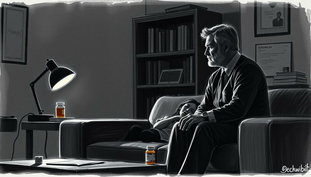 A dimly lit room, a patient sitting on a couch, lost in thought. Beside them, a therapist listens intently, their face illuminated by the soft glow of a desk lamp. In the background, shelves of books and medical equipment, suggesting a professional setting. The scene is rendered in a muted palette of blacks, grays, and occasional splashes of color - a prescription bottle, the patient's shirt, or the therapist's tie. The atmosphere is one of contemplation and understanding, as the patient embarks on the journey toward managing their schizophrenia through therapy and medication.