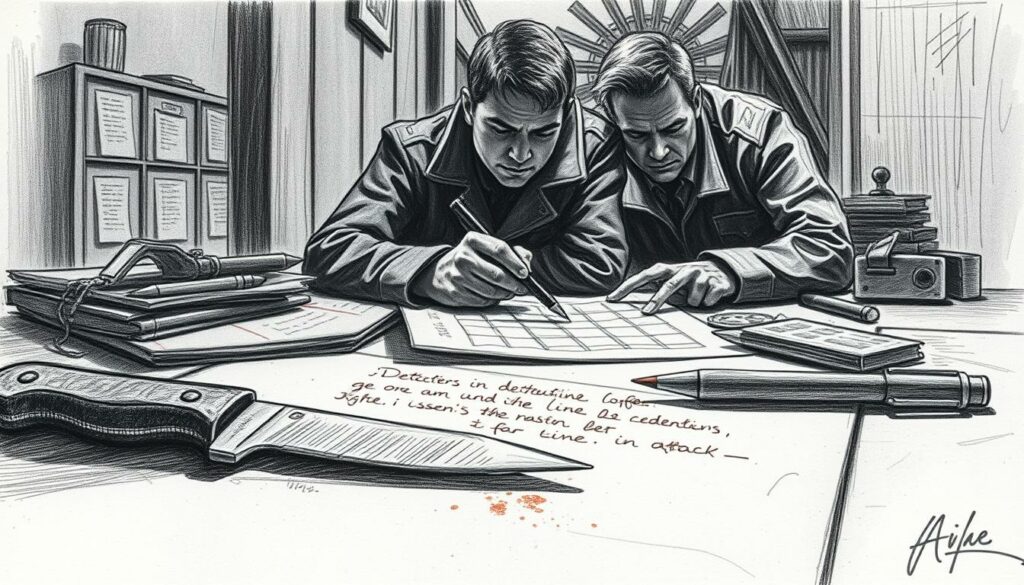 A dimly lit scene, a methodical investigation unfolding. In the foreground, a detailed sketch of a knife, its blade etched in sharp lines, capturing the essence of the weapon used in the attack. The middle ground reveals a series of meticulous notes, scribbled in a careful hand, chronicling the sequence of events. In the background, the shadowy silhouettes of detectives pore over evidence, their faces obscured, focused on unraveling the mystery. The scene is rendered in a muted palette of graphite and charcoal, with subtle splashes of color highlighting key details, creating a sense of seriousness and gravity. The overall atmosphere is one of concentration, determination, and the pursuit of justice.
