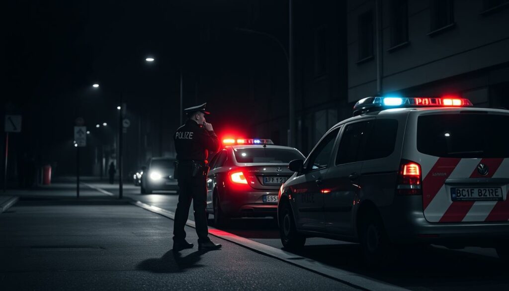 A dimly lit street in Leipzig at night, a police vehicle with flashing lights parked on the side, a man in a police uniform conducting a sobriety test on a person standing next to a parked car. The scene is rendered in a stark black and white palette, with only the flashing lights of the police vehicle and the occasional hint of color in the background providing visual interest. The atmosphere is tense and somber, conveying the gravity of the situation. The image should capture the essence of the "Alkoholfahrt Polizeikontrolle" incident, without any extraneous details or text.