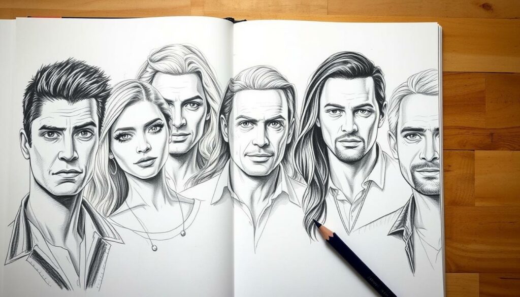 A distinguished group of celebrities, each with a captivating gaze, adorns the page. Pencil sketches in shades of black and white, with subtle pops of color, capture the essence of these individuals. Diverse expressions, from contemplative to playful, draw the viewer into their world. Carefully composed, the portraits command attention, inviting exploration of the unique personalities within the "Promi Big Brother" house. The scene exudes an air of intrigue, hinting at the untold stories and dramatic moments that await in this highly anticipated reality television event.
