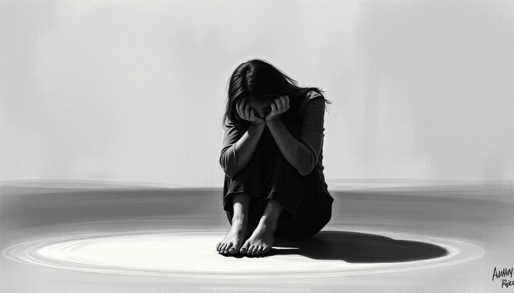 A distressed young woman, Walentina Doronina, sits alone in a dimly lit room, her head buried in her hands as she succumbs to an emotional breakdown. Shades of black and white dominate the scene, with only sparse, muted colors adding subtle accents to the somber atmosphere. The lighting casts dramatic shadows, conveying the weight of Walentina's anguish. Her posture is hunched, conveying a sense of vulnerability and despair. The sparse, minimalist background enhances the focus on her emotional state, creating a sense of isolation and introspection. The image captures the raw intensity of Walentina's personal struggle, inviting the viewer to empathize with her plight.