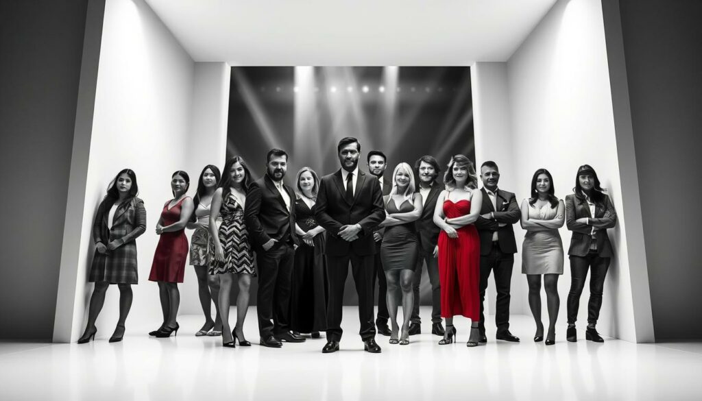 A diverse ensemble of individuals, the current residents of Promi Big Brother, stand in a sleek, minimalist setting. Captured in a striking black and white palette, with carefully placed pops of color, the image conveys a sense of drama and intrigue. The subjects are positioned in the foreground, their expressions and body language hinting at the complex dynamics and interpersonal relationships within the house. The middle ground features a subtly blurred backdrop, suggesting the confinement and isolation of the reality TV setting. Subtle lighting and angular compositions add to the atmospheric tension, inviting the viewer to imagine the unfolding narratives and power struggles within the Promi Big Brother household.