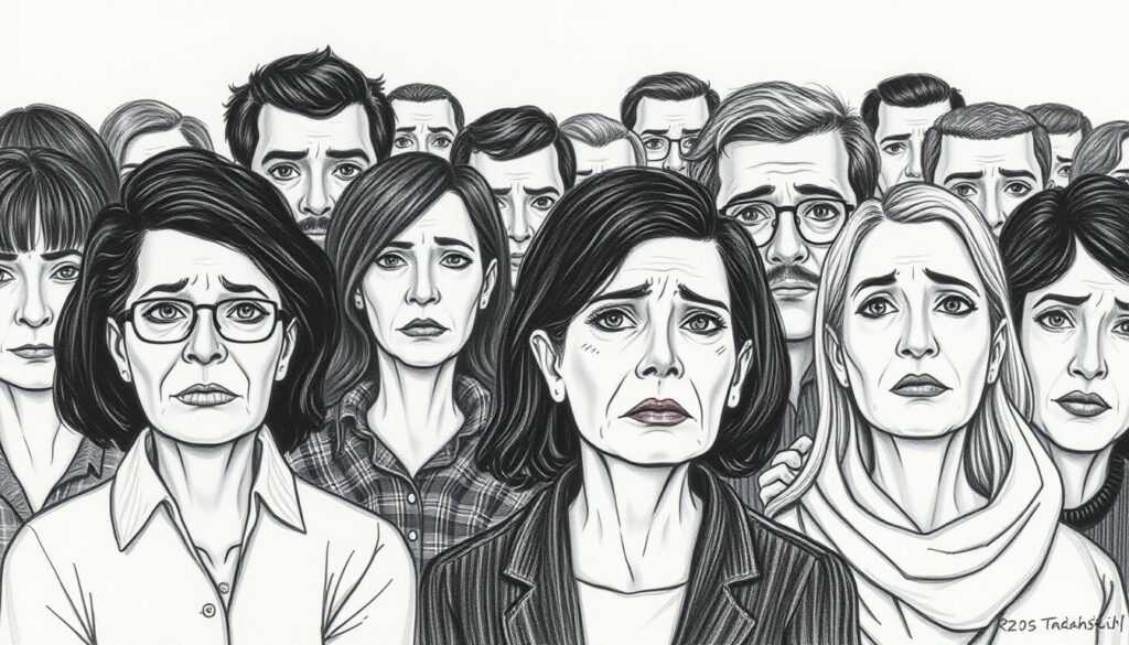 A diverse group of people from various socioeconomic backgrounds, their expressions showing concern and uncertainty as they contemplate the changes to social security contributions. A muted palette of graphite blacks and grays, punctuated by strategic pops of color to draw the eye. Rendered in a realistic yet stylized manner, the figures occupy the foreground while the background remains subtly out of focus, maintaining the central focus on the affected individuals. Lighting is soft and diffused, creating an introspective, pensive atmosphere.