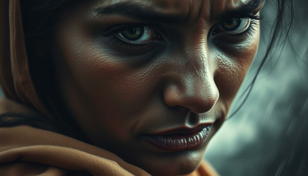 A dramatic close-up of a woman's face, her eyes filled with raw emotion, brimming with tears that threaten to spill over. The lighting is soft and moody, casting deep shadows that highlight the intensity of her expression. The background is deliberately blurred, keeping the focus on her pained yet resolute features. Touches of muted color, like the warm tones of a sari or the cool hues of a monsoon sky, provide subtle accents that enhance the somber atmosphere. The overall composition conveys a sense of introspection, a moment of profound reckoning where the character must confront the weight of her choices and the uncertainty of the future.