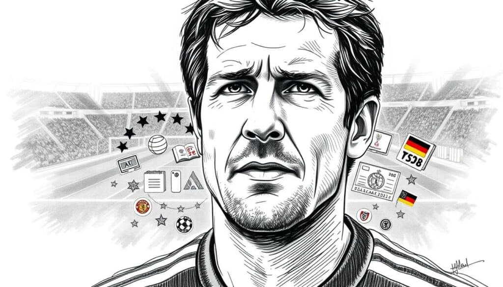 A dynamic and detailed black-and-white sketch of Lothar Matthäus, the legendary German footballer, depicting the diverse sources of his career earnings. In the foreground, a focal point on Matthäus' face, with expressive lines capturing his determination and success. In the middle ground, a collage of icons representing his various income streams - from playing contracts and endorsements to coaching positions and media roles. The background features a subtly shaded field, symbolizing his illustrious playing career, complemented by strategically placed pops of color to draw the eye. The overall atmosphere conveys a sense of Matthäus' multifaceted professional journey and financial prosperity.