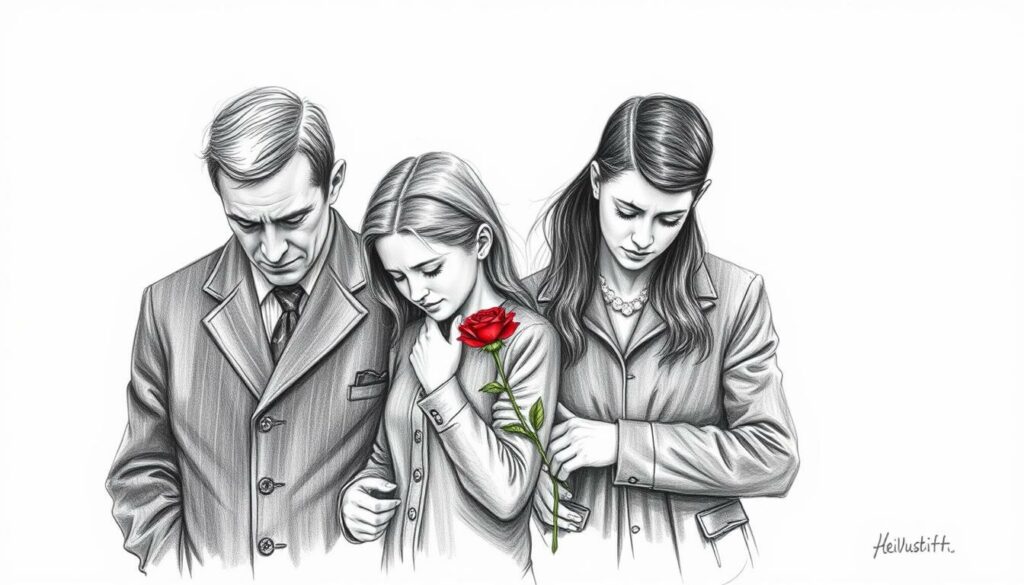 A family of four standing solemnly, their expressions etched with profound grief. The father, Reinhold Würth, his head bowed, shoulders heavy with the weight of his loss. His wife, her face buried in her hands, tears streaming down her cheeks. Their children, a young man and woman, their eyes downcast, sharing in the family's collective sorrow. The scene is rendered in muted tones of graphite, with splashes of color highlighting the family's anguish - a single red rose, a flutter of blue fabric. The composition is carefully balanced, drawing the viewer's gaze to the heart of this tragic moment, a testament to the enduring love and legacy of the Würth family.