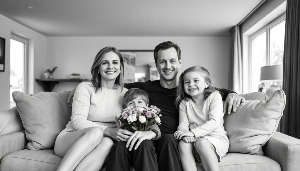A family portrait of Michael Schumacher and his loved ones, captured in a tranquil, monochromatic setting. The scene unfolds in a warm, inviting living room, with soft lighting filtering through large windows. Michael, his wife Corinna, and their two children, Gina and Mick, sit together on a plush, neutral-toned sofa, their faces radiating a sense of contentment and togetherness. Pops of color, perhaps in the form of a vibrant flower arrangement or a well-placed accessory, add subtle highlights to the otherwise muted palette. The overall atmosphere conveys the intimacy and joy of a close-knit family, their bond evident in the way they interact and support one another.
