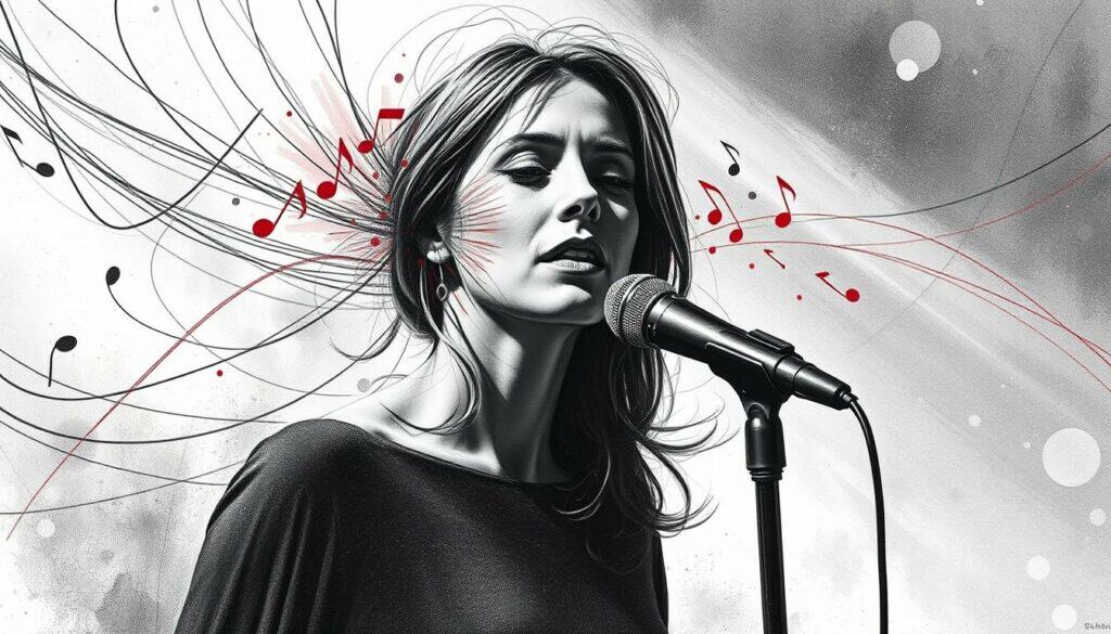 A female singer, her face partially obscured, stands amidst a swirl of lines and shapes, representing the challenges and setbacks she faces on her journey. Dramatic lighting casts deep shadows, conveying the intensity of her experiences. Bursts of color, like musical notes, punctuate the monochromatic scene, hinting at the passion and resilience that drive her. The composition is balanced, with the singer anchoring the foreground, surrounded by the abstract elements that symbolize her struggles. The overall atmosphere is one of determination and perseverance, capturing the essence of the "Herausforderungen und Rückschläge" faced by this renowned Schlagersängerin.