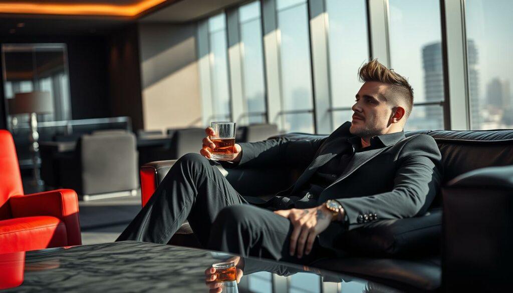 A glamorous LA penthouse, its sleek lines and modern furnishings casting dramatic shadows in the soft, moody lighting. Bill Kaulitz lounges on a plush leather sofa, a glass of fine whiskey in hand, exuding an air of effortless sophistication. The background blurs, drawing the eye to the star's chiseled features, his intricate tattoos peeking out from beneath a tailored designer suit. Hints of vibrant color - a vibrant red accent chair, the gleam of chrome accents - add depth and visual interest, complementing the predominantly monochrome palette. This is the luxurious lifestyle of a true LA icon, a striking contrast to Kaulitz's humble Tokio Hotel beginnings.