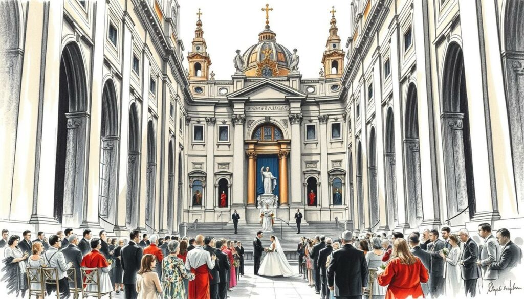 A grand cathedral in the heart of the Vatican, its towering spires and ornate facades basking in the soft, golden light of a spring day. At the center, a lavish wedding ceremony unfolds, the bride and groom exchanging vows beneath the watchful gaze of the papal throne. The scene is a study in contrasts - the stark, monochromatic architecture offset by the vibrant colors of the wedding party's attire, punctuated by the occasional flash of crimson from a cardinal's robe. The composition is balanced, with the main subjects framed by the grandeur of the cathedral's interior, the rich history and tradition of the Vatican serving as a backdrop to this momentous occasion.