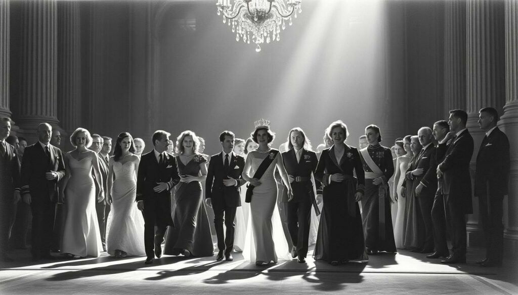 A grand ceremonial procession of the Dutch royal family, led by Queen Máxima and Crown Princess Amalia, graces the stage of the Luxembourgish throne room. Elegant figures in regal attire stride forward, their postures radiating confidence and authority. Soft chiaroscuro lighting casts dramatic shadows, highlighting the intricate detailing of their luxurious garments. The scene exudes a sense of solemn grandeur, befitting the momentous occasion of a royal succession. Subtle pops of color, such as the gleam of a crown or a vibrant sash, draw the eye and add visual interest to the predominantly monochromatic composition.