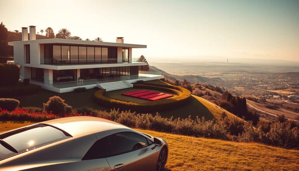 A grand, modern villa situated on a lush hilltop, bathed in warm, golden light. The sprawling estate features a sleek, contemporary design with clean lines and expansive windows offering panoramic views. In the foreground, a luxury sports car gleams, its powerful engine hinting at the owner's passion for speed and excitement. The middle ground showcases a well-manicured garden, with vibrant pops of color amidst the predominantly monochrome palette. In the background, a stunning panorama of rolling hills and a distant city skyline, creating a sense of opulence and exclusivity. The overall mood is one of wealth, sophistication, and the exquisite lifestyle of a celebrated football star. A grand, modern villa situated on a lush hilltop, bathed in warm, golden light. The sprawling estate features a sleek, contemporary design with clean lines and expansive windows offering panoramic views. In the foreground, a luxury sports car gleams, its powerful engine hinting at the owner's passion for speed and excitement. The middle ground showcases a well-manicured garden, with vibrant pops of color amidst the predominantly monochrome palette. In the background, a stunning panorama of rolling hills and a distant city skyline, creating a sense of opulence and exclusivity. The overall mood is one of wealth, sophistication, and the exquisite lifestyle of a celebrated football star.